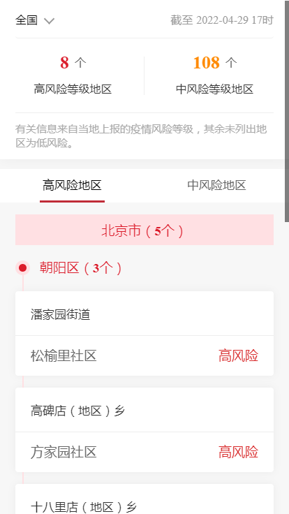 各企业，截止2022年4月29日17时最新报告全国中高风险地区