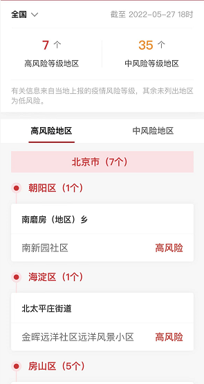 各企业，截止2022年5月27日18时最新报告全国中高风险地区