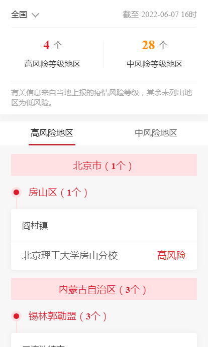 各企业，截止2022年6月07日16时最新报告全国中高风险地区