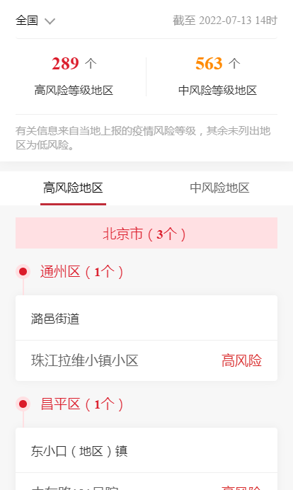 各企业，截止2022年7月13日14时最新报告全国中高风险地区