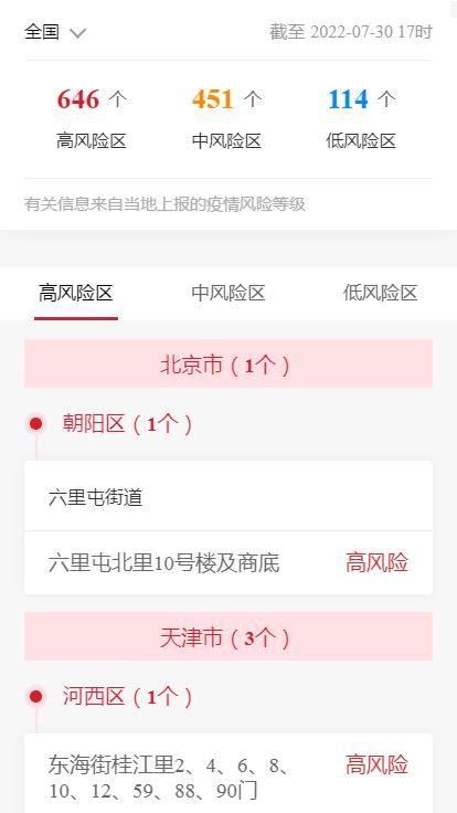 各企业，截止2022年7月30日17时最新报告全国中高风险地区