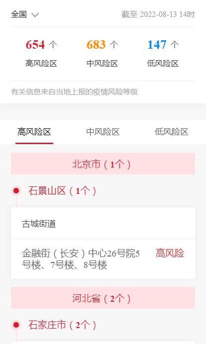 各企业，截止2022年8月13日14时最新报告全国中高风险地区