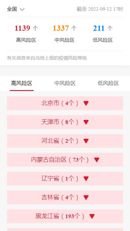 各企业，截止2022年9月12日17时最新报告全国中高风险地区