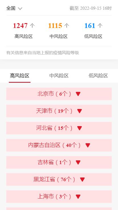 各企业，截止2022年9月15日16时最新报告全国中高风险地区