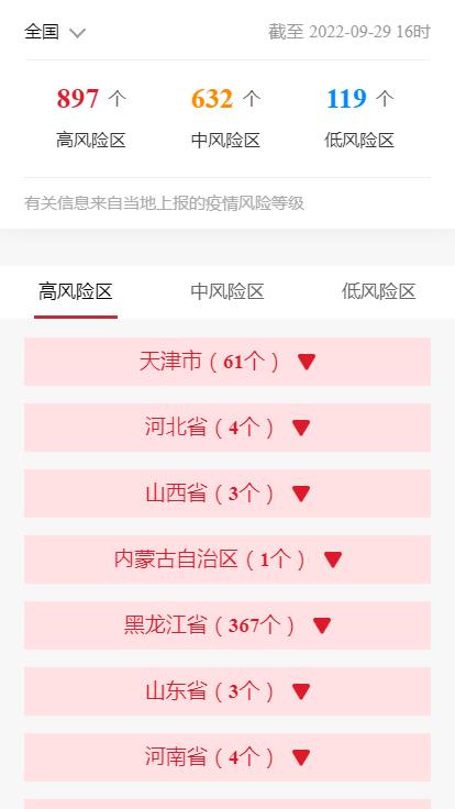 各企业，截止2022年9月29日16时最新报告全国中高风险地区