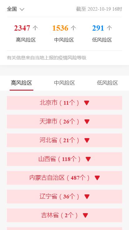 各企业，截止2022年10月19日16时最新报告全国中高风险地区