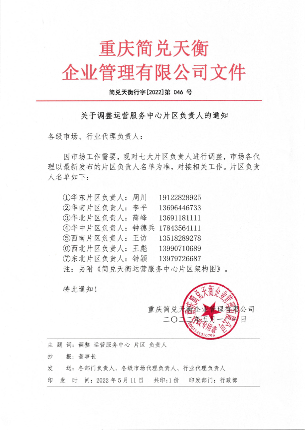 关于调整运营服务中心片区负责人的通知