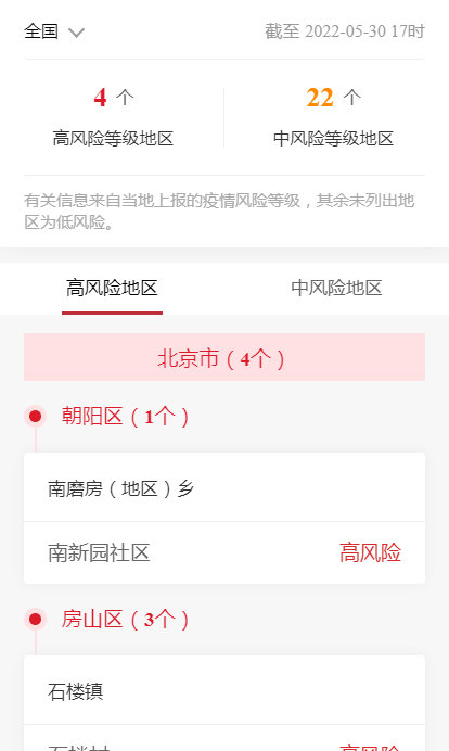 各企业，截止2022年5月30日17时最新报告全国中高风险地区