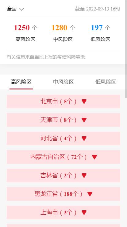 各企业，截止2022年9月13日16时最新报告全国中高风险地区